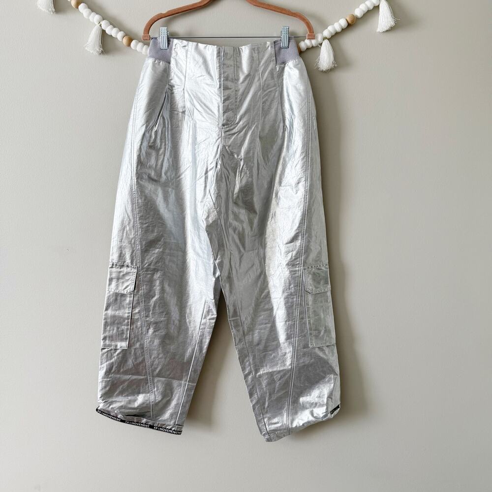 Free People Mesmerize Me Shine Pants Metallic Cargo Low Rise Silver Size Small - Picture 8 of 10